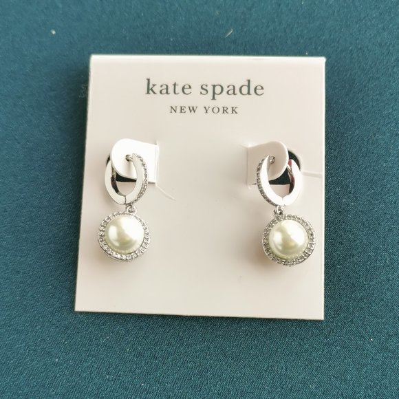 KATE SPADE Something Sparkly Spade Silver Cream Huggie Earrings NEW $58